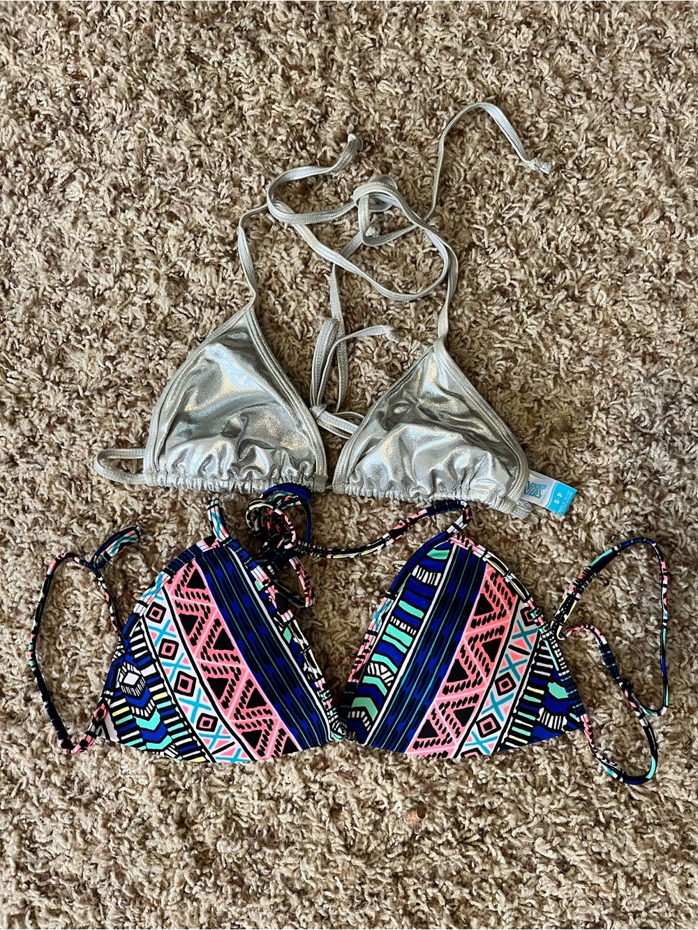 PINK Victoria's Secret Silver Metallic and Multicolor Triangle Bikini Tops